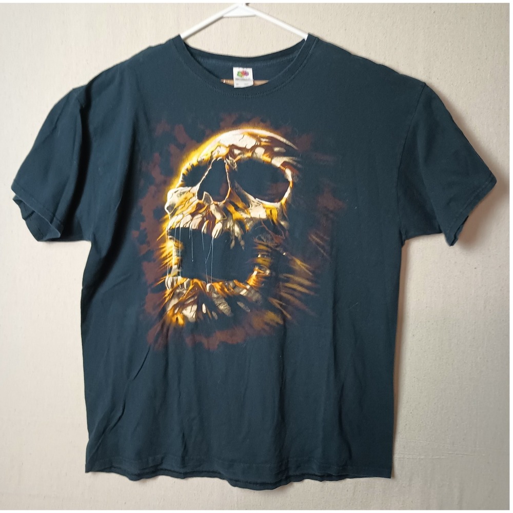 Vitange Y2K 90's Flaming Skull Graphic T-Shirt Skater Grunge Size XL